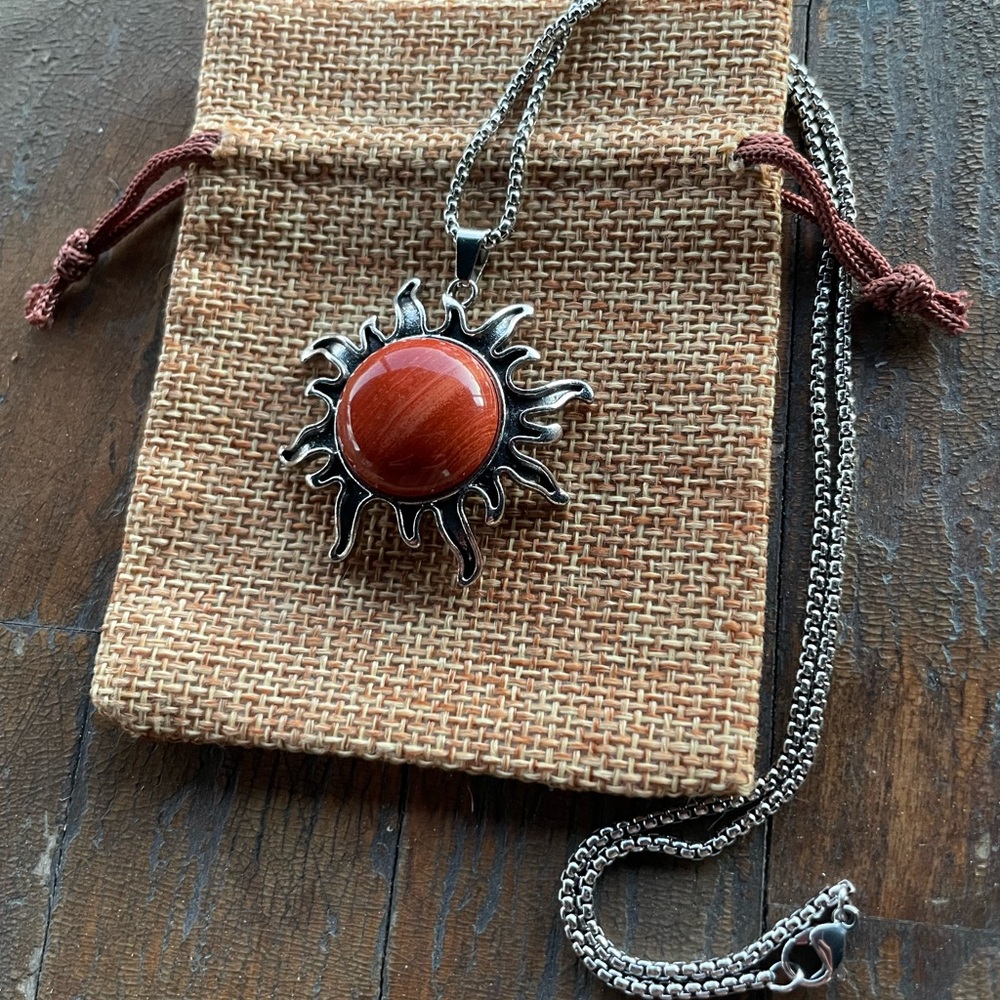 Red Jasper Sun Shaped Pendant Red Jasper Necklace Boho Crystal Necklace